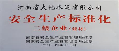 河南省大地水泥有限公司榮獲安全生產(chǎn)標(biāo)準化二級企業(yè)